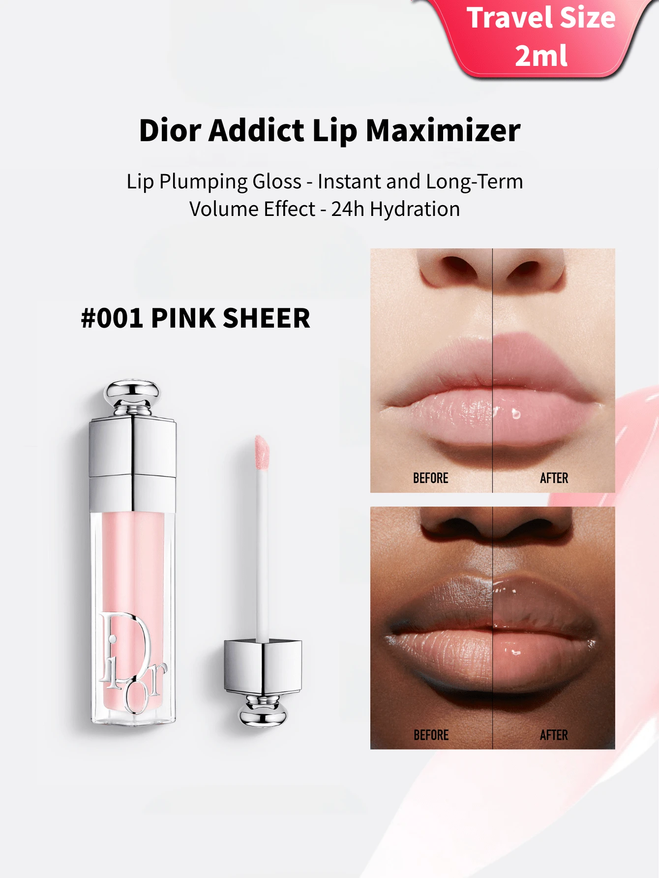 [Travel Size - 2ml] Dior Addict Lip Glow - Instantly Plumping, Long-Lasting Hydration - 24-Hour Moisture - #001 Pink Sheer(2ml) - View 1