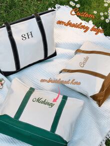 1pc Personalized Embroidered Canvas Tote Bag/Custom Initial/Bridesmaid Gift/Embroidered Name Tote Bag/Fashionable Custom Tote Bag/Unique Gift Idea, Christmas Gift, Best Friend Gift, Sorority Gift - Multicolor - View 7