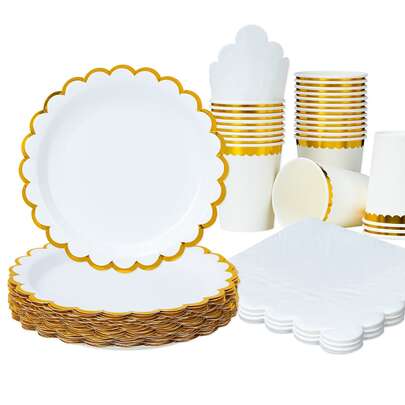 10 Stücke/25 Stücke Set Einweg-Geschirr, 7inch/9inch weiße Goldblumen-Rand Einweg-Pappteller Party Zubehör Set, Happy Birthday Einweg-Teller, Becher und Servietten, Party Dekorationen, Einweg-Party, Geburtstags-Party, Geschenk-Party, Feier-Event Dekorationen