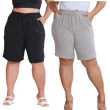 Kit 2pçs Bermuda Feminina Plus Size Tecido Duna Confortável Fashion - Preto e Cinza - Visão 1