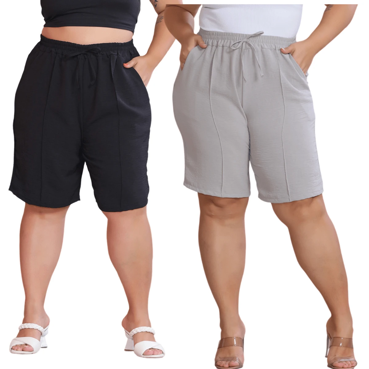 Kit 2pçs Bermuda Feminina Plus Size Tecido Duna Confortável Fashion - Preto e Cinza - Visão 1