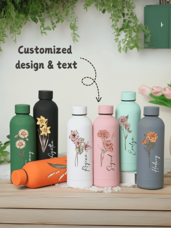 1pc Customized Name 500ml American Style Wide Mouth Stainless Steel Insulated Water Bottle, Double Wall Vacuum Flask, Outdoor Portable Large Capacity,Multi-Functional,Adjustable,Durable,Reusable,Ornamental,Easy To Clean,Cute,Comfortable,Stylish,Soft,Adorable,High-Quality,Modern,Colorful– Choose Different Birth Flowers – Ideal Groomsman Gift, Bridesmaid Gift, Dad Gift, Or Birthday Present