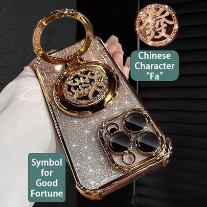 MewTrek Luxury Electroplated Gold Phone Case, Creative Chinese Character "Fa" Kickstand - Auspicious Meaning, Shiny Rhinestones, Y2K Style, Shockproof, Summer New Fashionable Silicone Soft Protective Cover, Compatible With IPhone 17/16/15/14/13/12/11/X/XS/XR/8/7 Plus/Pro/Max/Mini, Galaxy S24/S25 Ultra, Honor, Compatible WIth Reno, MOTO, Unisex 2025 Model, International Version,  Not The Domestic Version