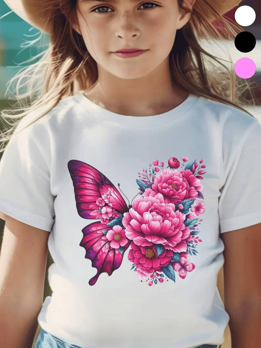 Butterfly And Peonies Girl's Tshirt A Floral Winged Fantasy Of Vibrant Pink Hues And Delicate Botanical Details 100% Cotton For Playful Days