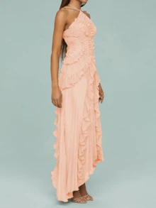 Women's Boho Halter Backless Maxi Dress Sleeveless High Waist Ruffled Party Prom Evening Dresses - 藕粉色 - 查看 2