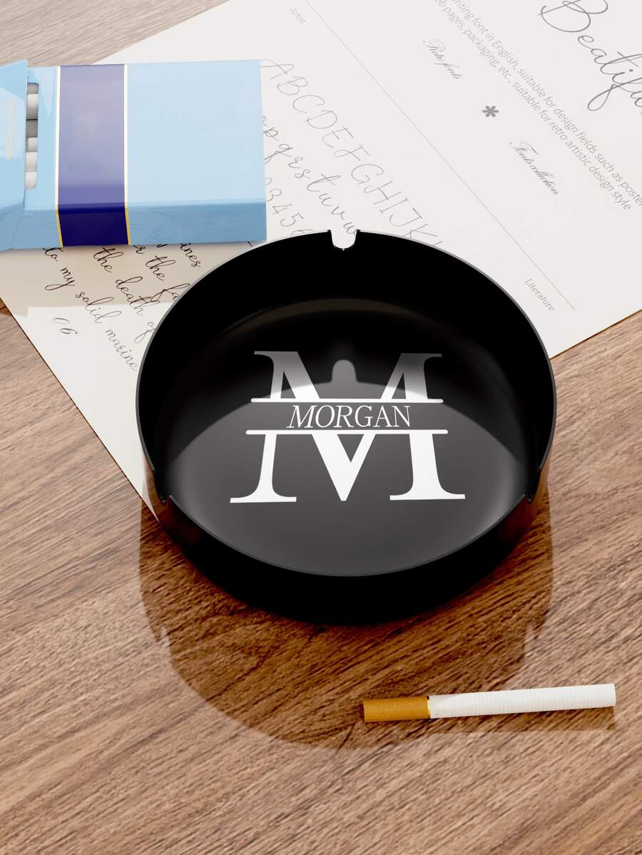 Cenicero personalizado de acero inoxidable con grabado láser personalizado - Diseño circular vintage para bares, hoteles, cafés, bodas y fiestas - Perfecto para marcas corporativas y regalos creativos - Negro (versión letra) - Ver 1