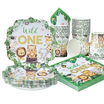 10 Stücke/25 Stücke Einweg-Geschirr Set, 7"/9" Dschungeltier- und Blumen-förmige Einweg-Pappteller Party Zubehör, Happy Birthday Einweg-Teller, Becher und Servietten, Party Dekorationen, Einweg-Party, Geburtstagsfeier, Geschenkparty, Feier Dekorationen