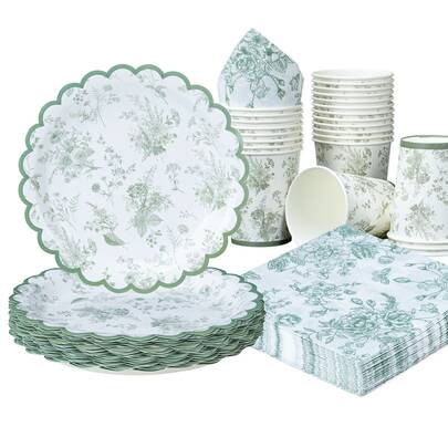 10 Stücke/25 Stücke Set Einweg-Geschirr, 18cm/23cm grüne Blumen-Rand Einweg-Pappteller Party Zubehör Set, Happy Birthday Einweg-Teller, Becher und Servietten, Party Dekorationen, Einweg-Party, Geburtstags-Party, Geschenk-Party, Feier-Event Dekorationen