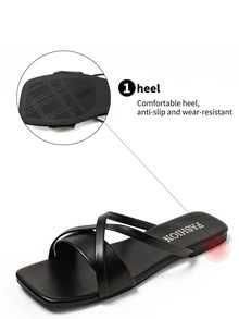 Wide Fit, 2025 Summer Women Square Toe Flat Sandals | Minimalist Criss-Cross Strap Slip-On | Lightweight Soft Bottom Breathable Design | Cushioned Insole Beach & Daily Comfortable Sandals - Black - View 8