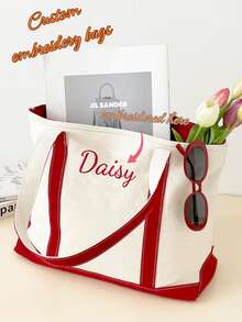 1pc Personalized Embroidered Canvas Tote Bag/Custom Initial/Bridesmaid Gift/Embroidered Name Tote Bag/Fashionable Custom Tote Bag/Unique Gift Idea, Christmas Gift, Best Friend Gift, Sorority Gift - Multicolor - View 10