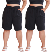 2-Piece Women's Bermuda Shorts Plus Size Duna Fabric Comfortable Fashion Kit - 黑色與黑色 - 查看 1