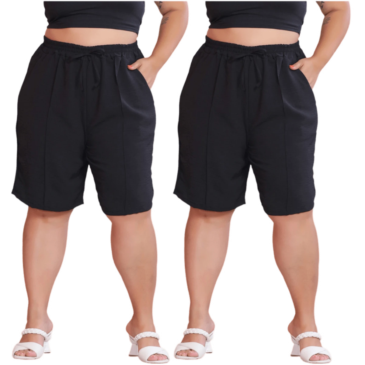 2-Piece Women's Bermuda Shorts Plus Size Duna Fabric Comfortable Fashion Kit - 黑色與黑色 - 查看 1