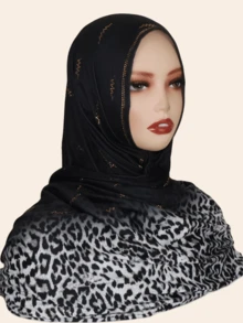 1pc Women's Fashion Muslim Scarf Hijab With Rhinestone, Leopard Print Gradient Color Long Shawl Wrap, Elegant Malaysian Headscarf