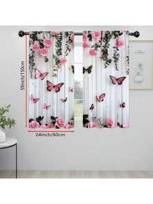 2 件装粉色玫瑰蝴蝶印花窗帘，隐私窗帘套装，2D 平面印花，杆式插入，适用于卧室、客厅、宿舍、办公室，情人节礼物，家居装饰。 - 彩色 - 查看 4