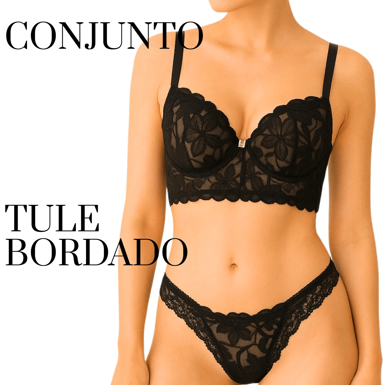 Elegant Cropped Lingerie Set Women's Cropped With Padded Tulle Embroidery Women's Cropped Corset With Underwire Non-Removable Padding Embroidery Push-Up Bra Fresh Breathable High Support Medium Support Women's Lingerie Set - 黑色 - 查看 1