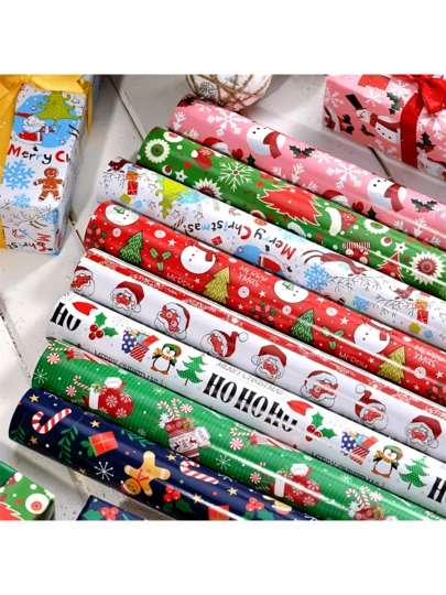4/8 stuks kerstcadeaupapier - Stevig kerstpapier met de Kerstman, boom, HO HO HO!, cadeaus, sneeuwvlokken - Rood, Groen, Goud, Blauw, Wit voor cadeaus, kaarten, decoraties - Geen elektriciteit nodig - Ideaal voor persoonlijk of commercieel gebruik, kerstaccessoires, seizoensdecoratie, vrolijke prints, gladde textuur, feestelijke inpakmaterialen, feestplanners (Houd er rekening mee dat het product gevouwen wordt verzonden, wat kan resulteren in kleine kreukels)