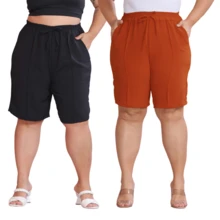 2-Piece Women's Bermuda Shorts Plus Size Duna Fabric Comfortable Fashion Kit - Preto e Telha - 查看 1