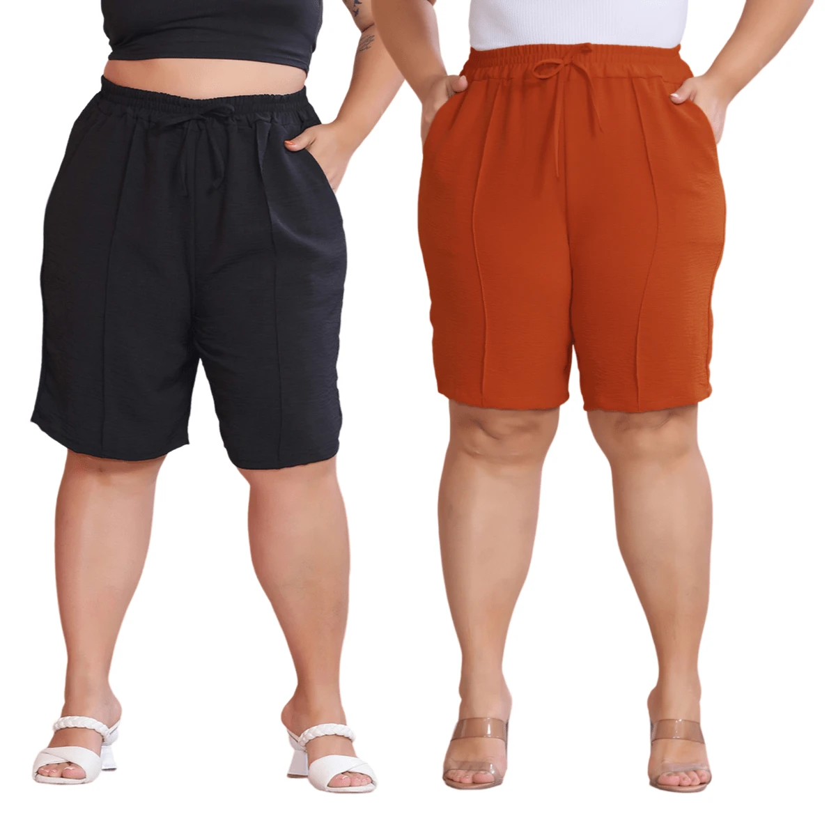2-Piece Women's Bermuda Shorts Plus Size Duna Fabric Comfortable Fashion Kit - Preto e Telha - 查看 1