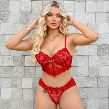 Elegant Cropped Lingerie Set Women's Cropped With Padded Tulle Embroidery Women's Cropped Corset With Underwire Non-Removable Padding Embroidery Push-Up Bra Fresh Breathable High Support Medium Support Women's Lingerie Set - 紅色 - 查看 3
