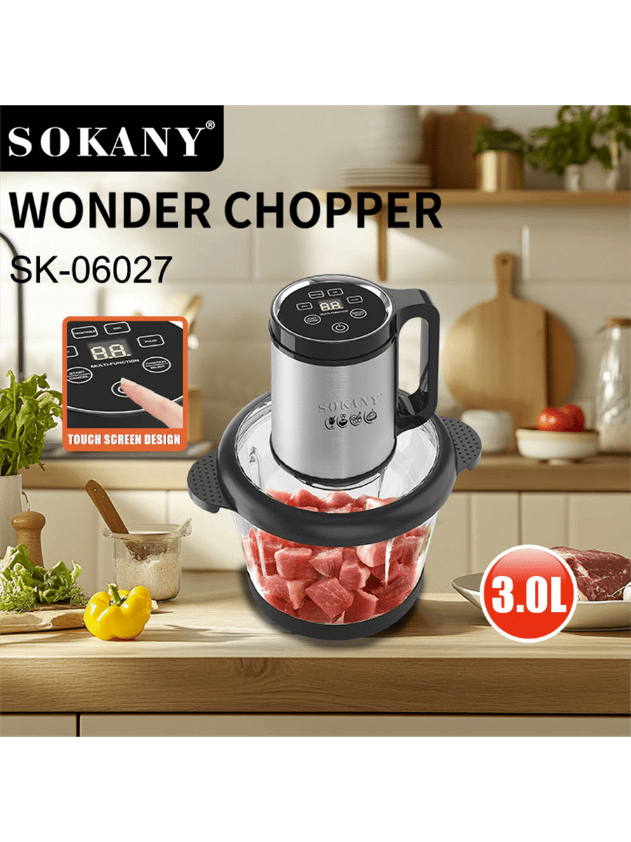 SOKANY SOKANY 06027 Picadora de carne eléctrica multifuncional para el hogar. Capacidad grande de 3l, cuchilla de 4 hojas, pantalla LCD. Motor de alta potencia de 600 vatios, todo de cobre, material de vidrio, vista interna talla grande clara. Adecuado para batidoras de alimentos, picadoras de carne, trituradoras de ajo, picadoras de verduras, picadoras de cebolla, mezcladoras de verduras para el hogar y restaurantes.