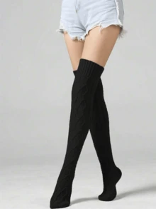 女士麻花针织过膝长筒袜，加长冬季保暖袜，舒适袜 - 白色 - 查看 2