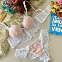 Elegant Cropped Lingerie Set Women's Cropped With Padded Tulle Embroidery Women's Cropped Corset With Underwire Non-Removable Padding Embroidery Push-Up Bra Fresh Breathable High Support Medium Support Women's Lingerie Set - 白色 - 查看 9