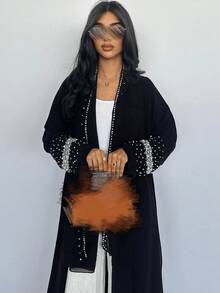 女士迪拜水钻串珠开衫长袍（含头巾） - 黑色 - 查看 3