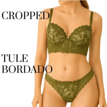 Elegant Cropped Lingerie Set Women's Cropped With Padded Tulle Embroidery Women's Cropped Corset With Underwire Non-Removable Padding Embroidery Push-Up Bra Fresh Breathable High Support Medium Support Women's Lingerie Set - 墨綠色 - 查看 1
