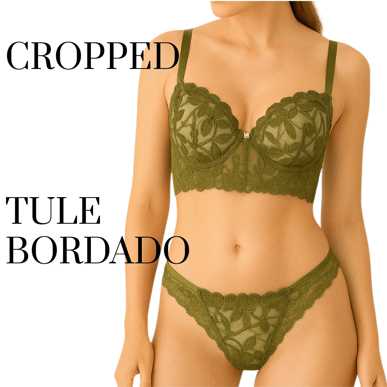 Elegant Cropped Lingerie Set Women's Cropped With Padded Tulle Embroidery Women's Cropped Corset With Underwire Non-Removable Padding Embroidery Push-Up Bra Fresh Breathable High Support Medium Support Women's Lingerie Set - 墨綠色 - 查看 1