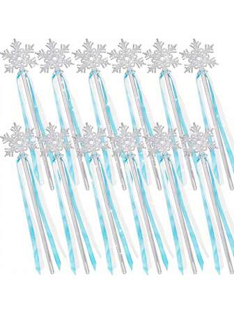 12pcs Elegant Silver Snowflake Wands With Blue Ribbon - Magical Winter Princess Wands, Plastic Material, Ideal For Theme Parties And Decorations, Party Decor | Winter Theme Decor | Durable Plastic Wands, Snowflake Decorations