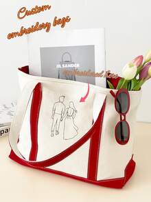 1pc Personalized Embroidered Canvas Tote Bag/Custom Initial/Bridesmaid Gift/Embroidered Name Tote Bag/Fashionable Custom Tote Bag/Unique Gift Idea, Christmas Gift, Best Friend Gift, Sorority Gift - Multicolor - View 3