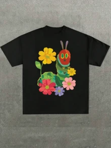 Eric Carle's CaterpillarS-Themed Graphic Tee,Casual Digital Print Pure Heavy Cotton T Shirt,220g Cotton T-Shirt,Gift,Summer,Unisex - 黑色 - 查看 1