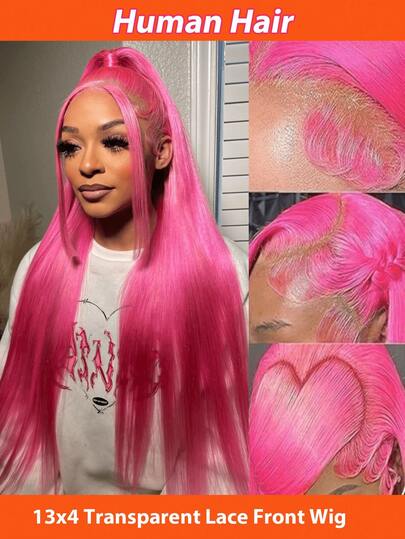 万圣节假发粉色直发人发假发 13x4 蕾丝前假发，预拔婴儿头发，处女人发 150% 密度透明蕾丝前假发，适合女性公主风格，适合各种场合，包括音乐节、派对、角色扮演、节日和所有季节