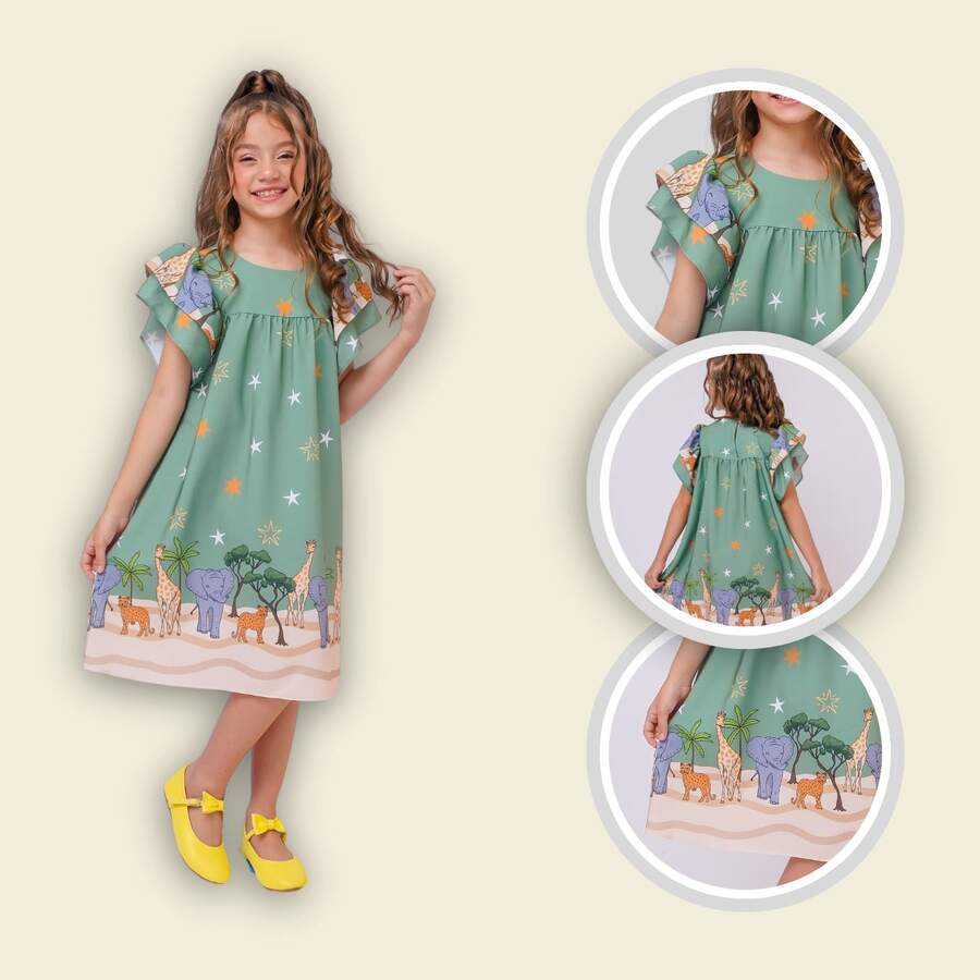 Children's Dress Girl Themed Enchanted Garden Bees Butterflies Graduation Fashion Blogger Fresh For Party Birthday Everyday Casual Teen Girl's Clothing Wedding Printed Loose Summer Floral - 橄欖綠 - 查看 1