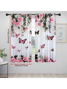 2 件装粉色玫瑰蝴蝶印花窗帘，隐私窗帘套装，2D 平面印花，杆式插入，适用于卧室、客厅、宿舍、办公室，情人节礼物，家居装饰。 - 彩色 - 查看 5