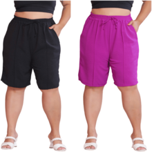 2-Piece Women's Bermuda Shorts Plus Size Duna Fabric Comfortable Fashion Kit - Preto e Fucsia - 查看 1