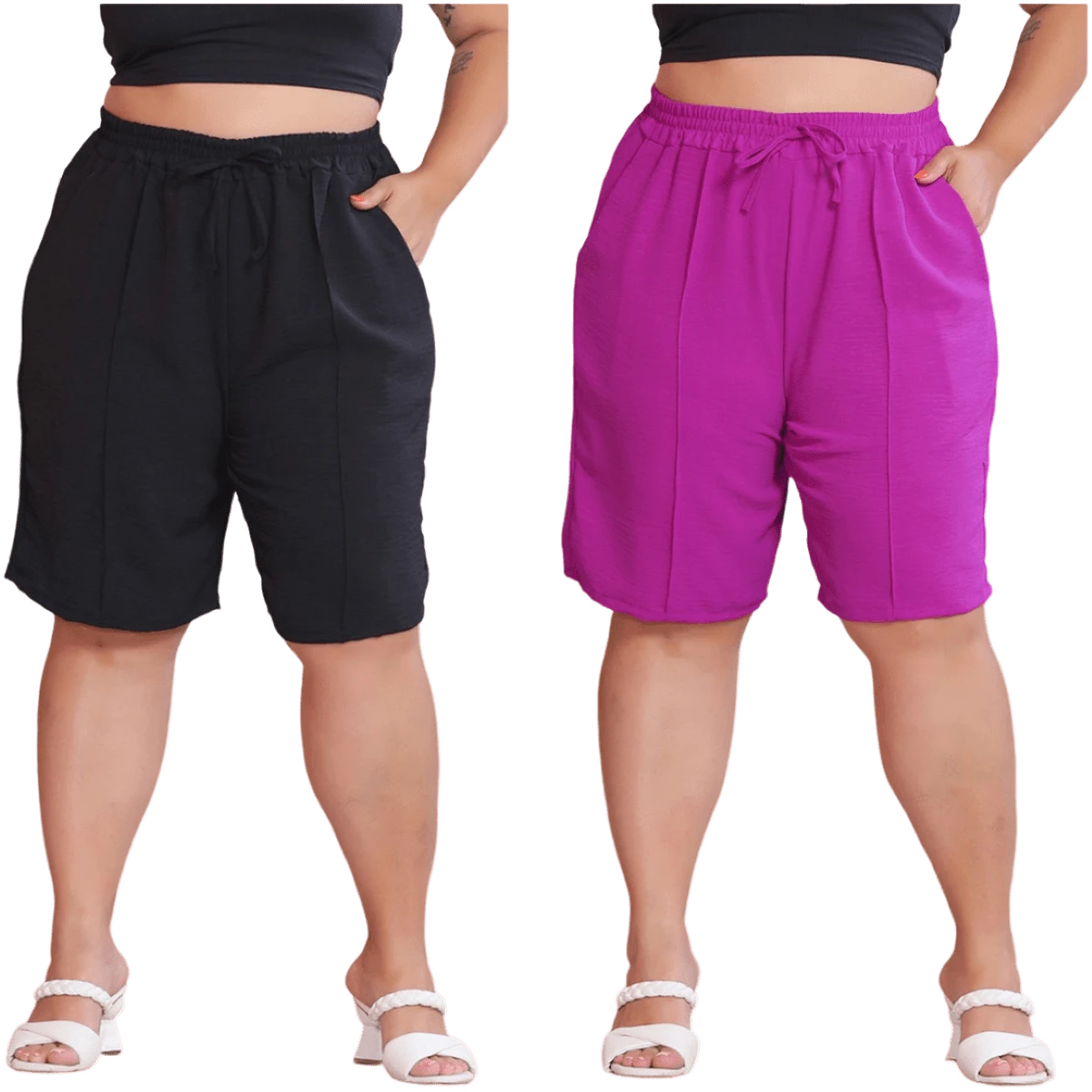 2-Piece Women's Bermuda Shorts Plus Size Duna Fabric Comfortable Fashion Kit - Preto e Fucsia - 查看 1