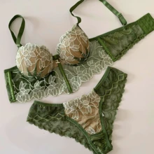 Elegant Cropped Lingerie Set Women's Cropped With Padded Tulle Embroidery Women's Cropped Corset With Underwire Non-Removable Padding Embroidery Push-Up Bra Fresh Breathable High Support Medium Support Women's Lingerie Set - 墨綠色 - 查看 3