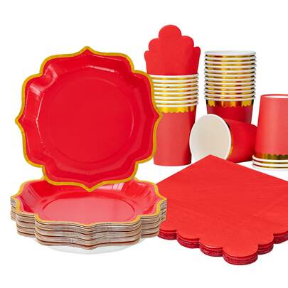 10 Stücke/25 Stücke Set Einweg-Geschirr, 7inch/9inch rote & goldene Blumen Einweg-Pappteller Party Zubehör Set, Happy Birthday Einweg-Teller, Becher und Servietten, Party Dekorationen, Einweg-Party, Geburtstags-Party, Geschenk-Party, Feier-Event Dekorationen