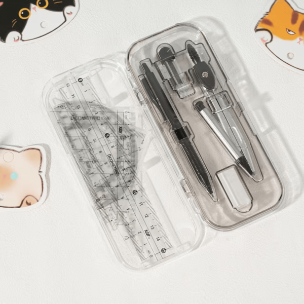 8 Piece Clear Plastic Geometric Compass & Ruler Set - Durable Drawing Tool Kit With Protractor, Triangle & Eraser For School & Art Projects