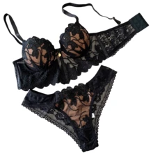 Elegant Cropped Lingerie Set Women's Cropped With Padded Tulle Embroidery Women's Cropped Corset With Underwire Non-Removable Padding Embroidery Push-Up Bra Fresh Breathable High Support Medium Support Women's Lingerie Set - 黑色 - 查看 7