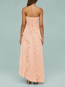 Women's Boho Halter Backless Maxi Dress Sleeveless High Waist Ruffled Party Prom Evening Dresses - 藕粉色 - 查看 4