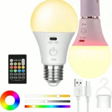 2 个智能遥控 RGB LED 灯泡，高容量电池，持久耐用，带遥控器，可充电 LED 灯泡，可拆卸，氛围灯，台灯，壁灯，球灯，应急灯，15 种彩色灯，USB 充电 LED 灯泡带挂钩 - 便携式高亮度，适用于卧室、客厅，可与遥控器一起使用，适用于各种灯具、户外、露营，多种颜色和白色可调 - 多款 - 查看 14