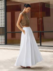 Women's Solid Color Casual Elegant Back Zipper Pocket A-Line Skirt, Suitable For Wedding Occasions White Spring - White - View 2