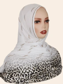 1pc Women's Fashion Muslim Scarf Hijab With Rhinestone, Leopard Print Gradient Color Long Shawl Wrap, Elegant Malaysian Headscarf