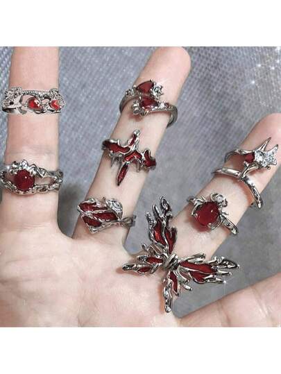 Set de 8 piezas de accesorios y joyas góticos, punk y retro con corazón rojo, cruz y formas geométricas asimétricas de bucle abierto para mujeres en Halloween