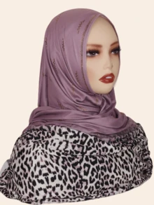 1pc Women's Fashion Muslim Scarf Hijab With Rhinestone, Leopard Print Gradient Color Long Shawl Wrap, Elegant Malaysian Headscarf