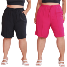 2-Piece Women's Bermuda Shorts Plus Size Duna Fabric Comfortable Fashion Kit - 黑色和粉紅色 - 查看 1