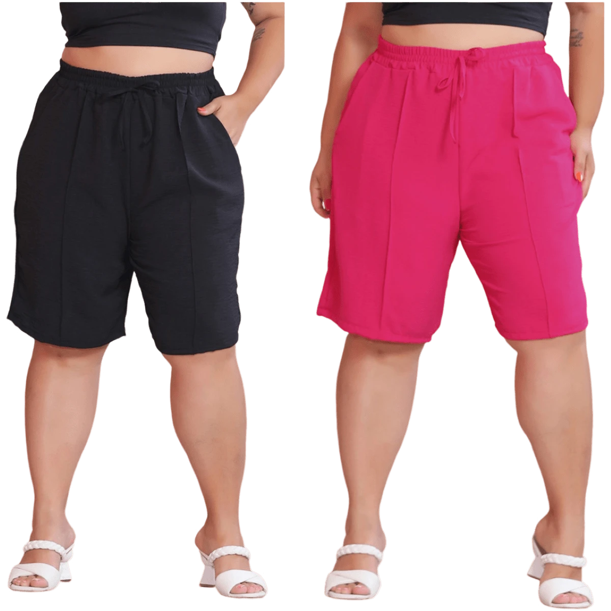 2-Piece Women's Bermuda Shorts Plus Size Duna Fabric Comfortable Fashion Kit - 黑色和粉紅色 - 查看 1