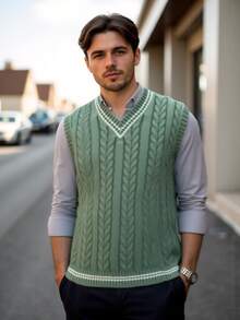 1pc Men V-Neck Autumn/Winter Knitted Vest, Solid Color Casual Pullover Sweater Vest